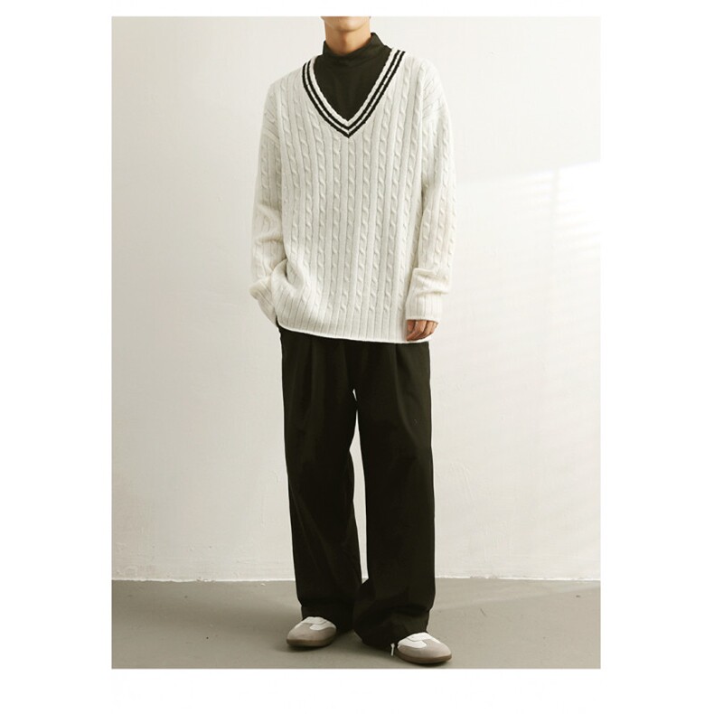 韩系设计感极简风V领拼色毛衣潮男慵懒风V领针织毛衣秋冬,男装针织衫/毛衣,星座601-2