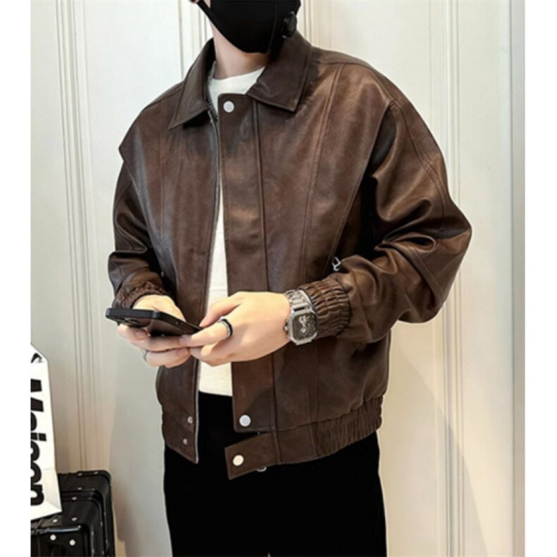 皮衣男潮牌翻领2025年时尚帅气机车皮夹克纯色修身外套PU9127，男装夹克，星座1116A（原606A-3）