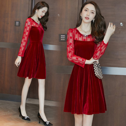 2021秋季时尚简约大方气质优雅收腰显瘦休闲修身百搭金丝绒连衣裙，女装连衣裙，贵人树