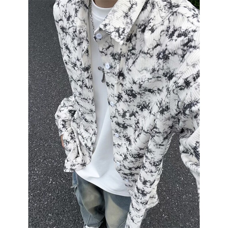 水墨扎染衬衫男款春秋季潮牌痞帅高级感青少年灯芯绒长袖衬衣外套,男装衬衫,电商A007