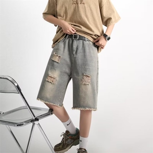 破洞牛仔短裤男款夏季设计感小众宽松阔腿五分裤美式DK5582-P36图片