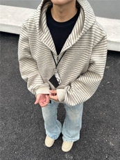 新美式复古条纹拉链开衫连帽卫衣男百搭情侣外套513AKS2408P57，女装短外套，星座513A