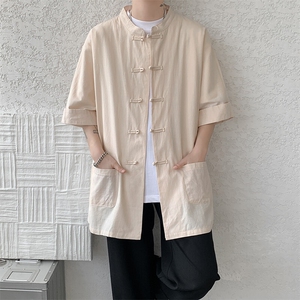 8XL-M 新中式衬衫男中山装麻棉风复古中袖衬衣唐装CS527P60图片