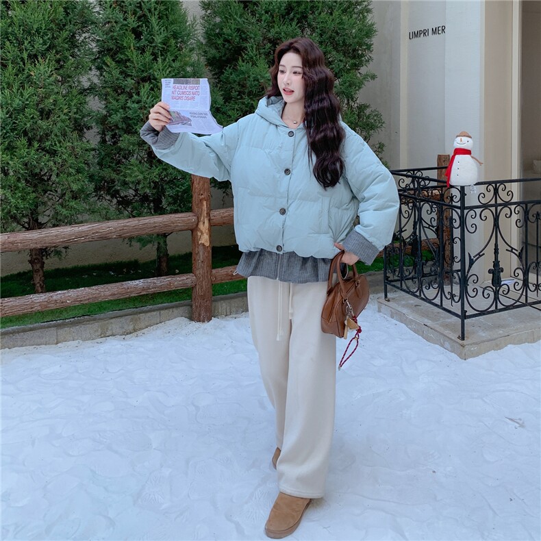 假两件蓝色连帽羽绒服女冬超火好看高级小众漂亮加厚面包服短外套,女装羽绒服,2C307