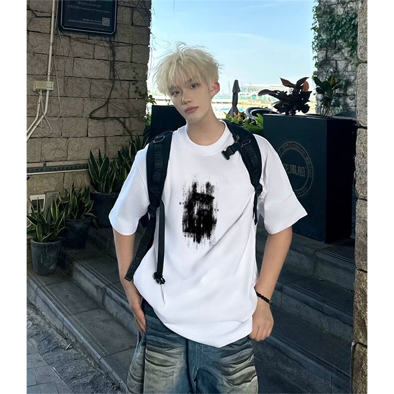 抖音得物供货210克现货宽松纯棉美式潮牌印花落肩袖纯棉T恤AT2157,男装T恤,电商A443