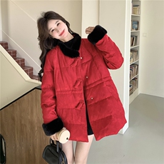 新中式红色毛绒拼接羽绒服女2026冬新款小个子时尚提花外套高级感，女装羽绒服，2C159