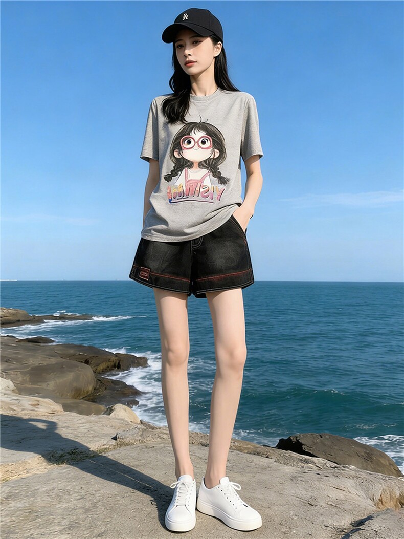 学院风网红运动套装女夏新款圆领卡通印花短袖阔腿牛仔短裤两件套,女装套装/套裙,江南