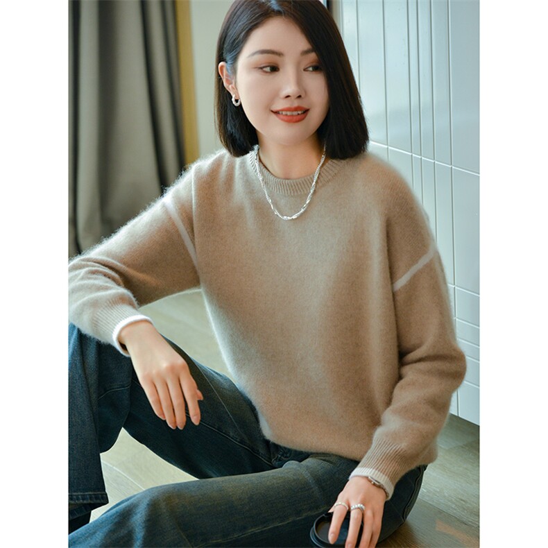 显瘦线条撞色100%纯羊毛衫加厚女宽松毛衣2025秋冬新款圆领针织衫,女装羊毛衫,宋氏羊绒