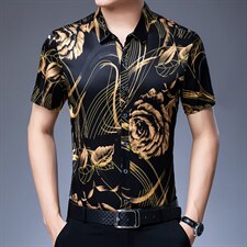 短袖印花衬衫装2023夏季新款中年男士宽松休闲时尚免烫衬衣，男装衬衫，电商B212（原钱塘6029）