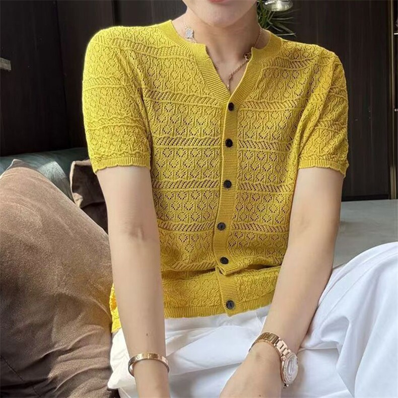 镂空开衫冰丝面料,女装T恤,萱芳婷羊绒