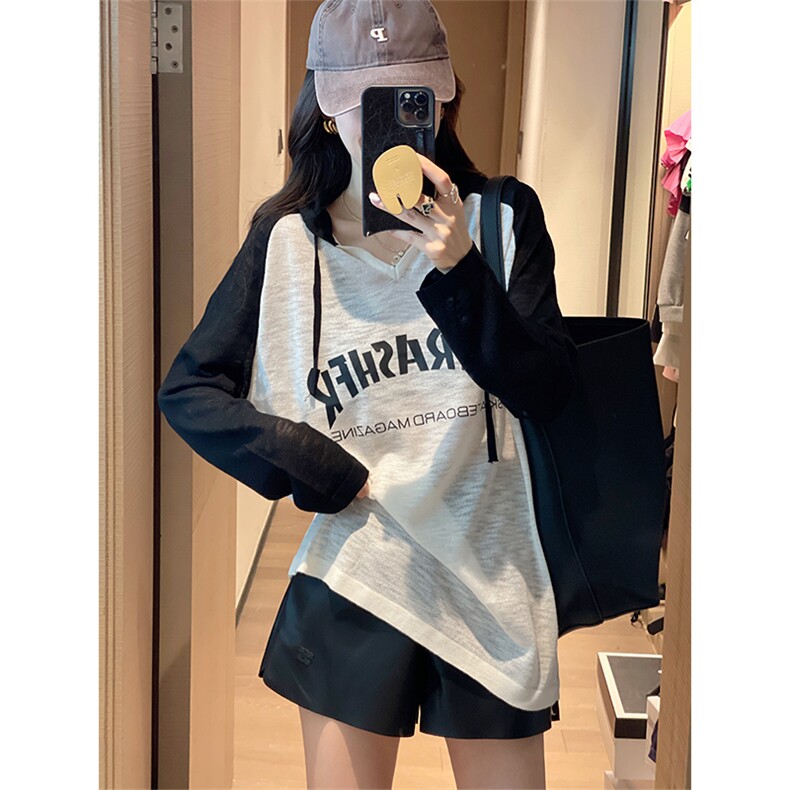 插肩袖V领拼色针织衫字母T恤女2022年早秋新款韩版简约百搭上衣,针织衫/毛衣,辉之琳