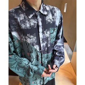 CS1152-特批38 控68 秋季新款新中式撞色拼接长袖冰丝衬衫大码男图片