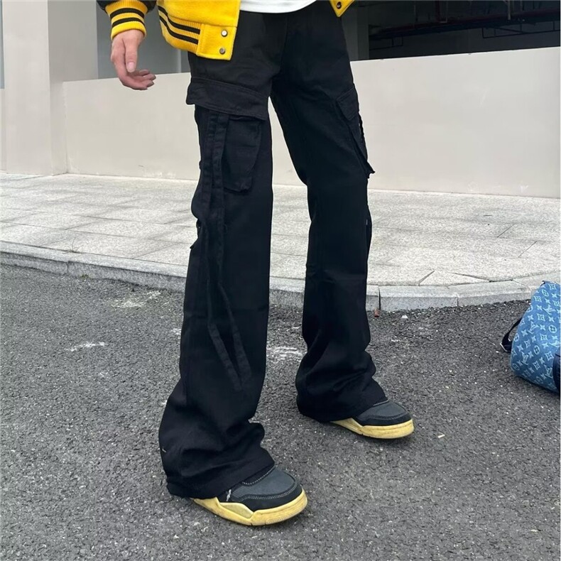 美式工装牛仔裤多袋街头潮牌宽松直筒微喇休闲长裤K71396-P45网图图片