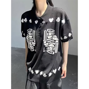 扑克牌提花镂空针织POLO翻领短袖t恤男女夏季凉感上衣 TZ06图片