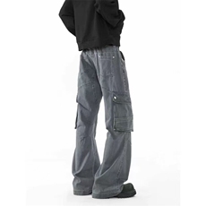 原版质量美式运动多口袋工装裤男春秋情侣高街微喇水洗休闲长裤子，男装牛仔裤，星座613