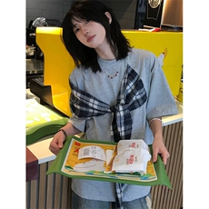 拼接格子布装饰高品质260克双纱纯棉美式高街短袖T恤特P35，男装T恤，电商A486-1