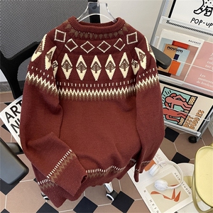 2026春季北欧费尔岛红色毛衣男女潮牌情侣装针织衫秋冬圣诞毛线衣,枣红色短款羽绒服最佳颜色搭配图片