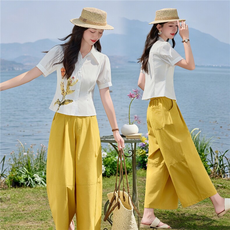 轻熟风时尚小翻领衬衫套装女2026夏气质印花上衣休闲裤两件套,女装套装/套裙,水衣源