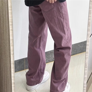 葡萄紫色阔腿牛仔裤男女春秋季2026新款宽松显瘦休闲直筒裤子潮流图片