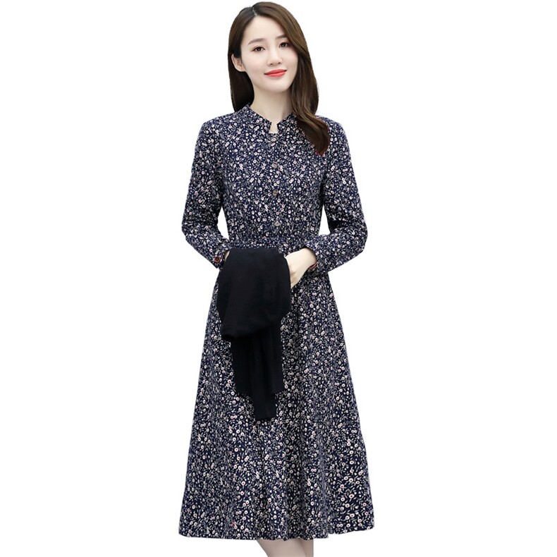 长袖碎花棉麻连衣裙2025年春秋装新款女装气质春季裙子,女装连衣裙,欣贝拉