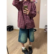 美式复古cleanfit红色格子衬衫男女港风宽松休闲翻领春秋休闲衬衣，男装衬衫，星座506A