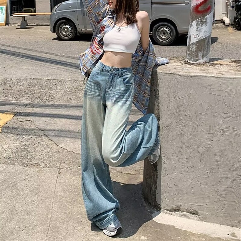 美式浅色破洞阔腿牛仔裤女2025年新款折痕水洗高腰垂感宽松拖地,男装牛仔裤,星座506A