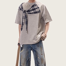 拼接格子布装饰高品质260克双纱纯棉美式高街短袖T恤特P35，男装T恤，电商A486-1