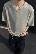褶皱肌理感短袖上衣男士夏季2025新款美式小v领宽松痞帅半袖T恤衫，男装T恤，电商A001-1