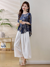 高级感气质减龄妈妈套装女2025夏季新款印花小衫上衣阔腿裤两件套，女装套装/套裙，魅衣本色