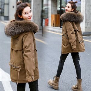 棉衣/棉服2021新款冬兔毛中长款工装带帽棉服女外套配毛领,女装派克服,瑶迪依秀