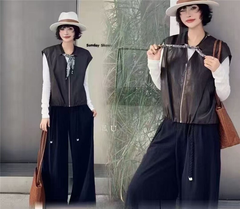 秋新款韩版宽松休闲百搭马夹机车服无袖丝巾皮衣马甲图片
