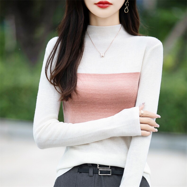 2025秋冬小众设计感半高领拼接百搭针织衫女修身显瘦内搭打底毛衣,针织衫/毛衣,暖姿羊绒