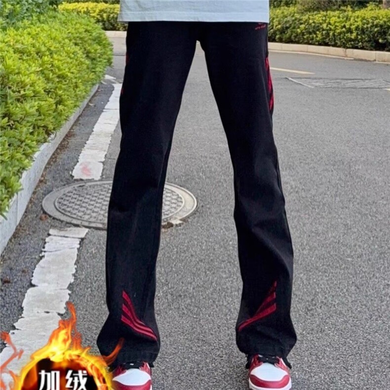 斜杠三条纹红黑撞色拼接休闲长裤加绒加厚直筒牛仔裤K8003P48网图,男装牛仔裤,电商B245
