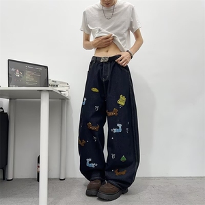 CR0557-P52 美式复古卡通刺绣牛仔裤2025春季新款宽松街头阔腿裤图片