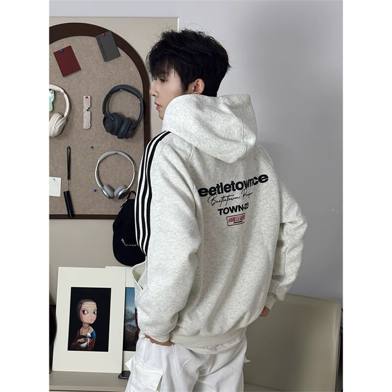 抖音得物品质480克全棉加绒织带连帽印花卫衣三条杠针织卫衣A0410,男装卫衣,电商A443