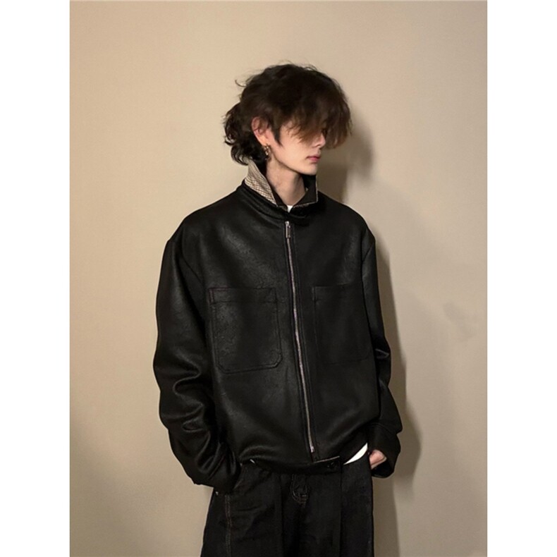 网红~霜降裂纹PU皮千鸟格内里Cleanfit夹克外套W1397/特P85,男装夹克,电商B350