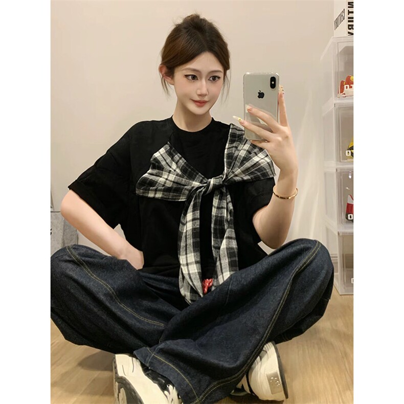 拼接格子布装饰 高品质260克双纱纯棉美式高街短袖T恤 特P35图片