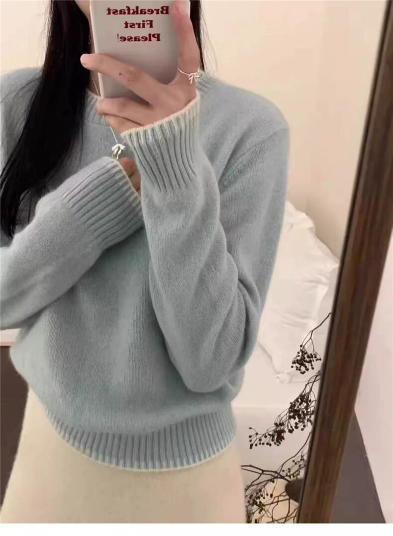 拼色圆领100羊毛衫女冬季新款软糯欧货高端针织打底毛衣百搭,女装羊毛衫,美轩羊绒