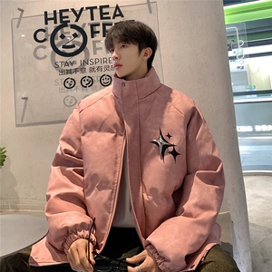 港风PU皮复古做旧可拆卸四芒星胸针设计棉衣男MY77721P128控168
