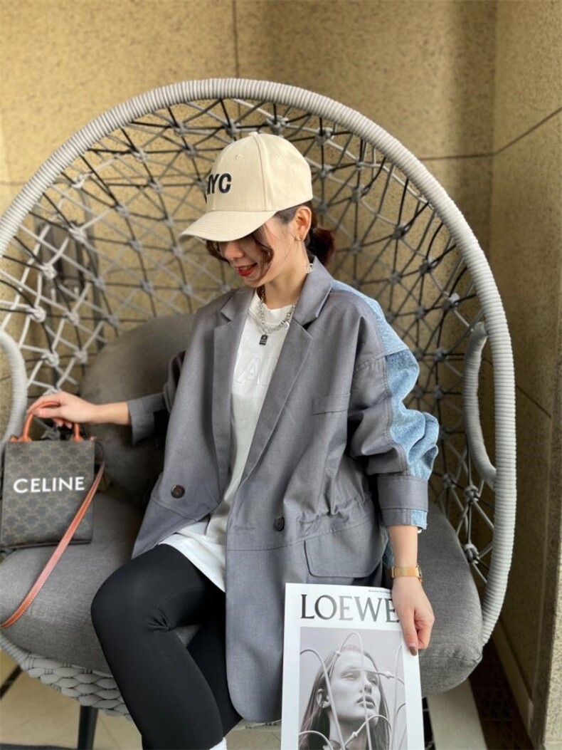 牛仔拼接西装，女装西装，跳跳谷