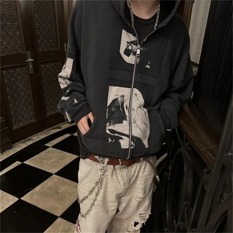 忧郁的富二代麦当娜贴布拉链连帽衫卫衣高街休闲外套WY228 P57图片