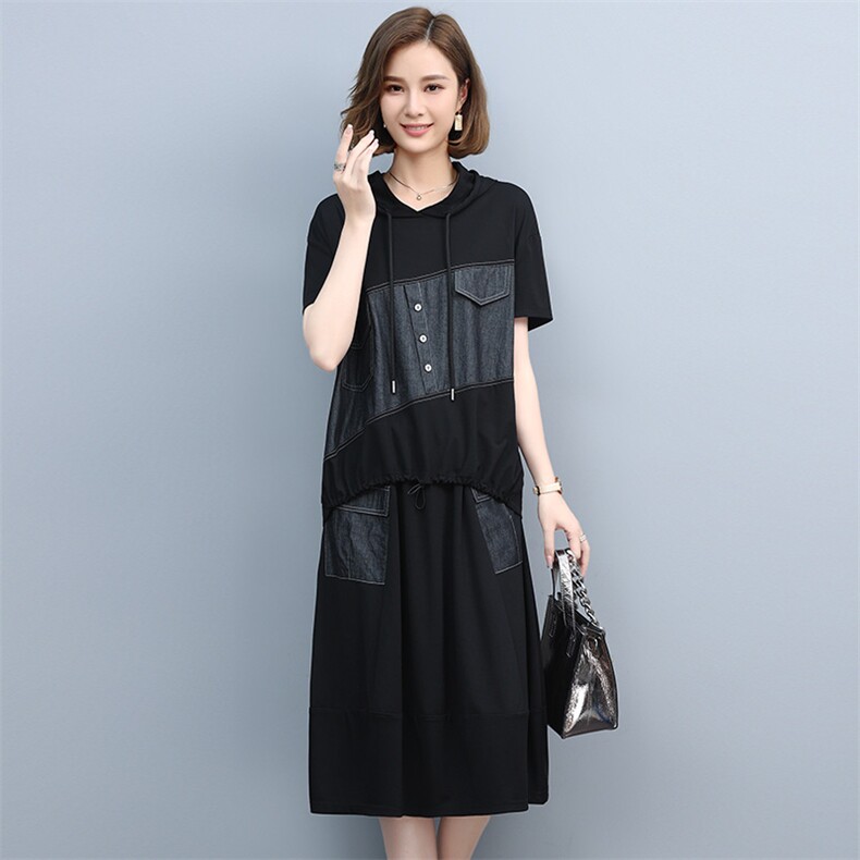 2021夏季新款简约气质减龄时尚连帽松紧腰休闲舒适两件套裙，女装连衣裙，丽影随形