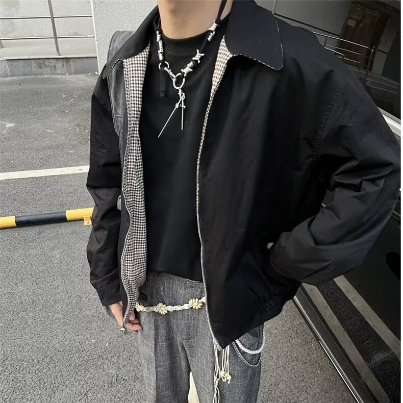 双面穿休闲极简斜纹美利奴羊毛混纺银色拉链剑道夹克,男装夹克,星座506A