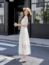 白色连衣裙女2025新款夏季绝美穿搭短袖蕾丝拼接显瘦高腰长裙子，女装连衣裙，沁沁公主