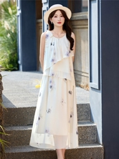 DLM8661白色花朵印花套装女夏无袖上衣半身裙两件套，女装套装/套裙，朵莱米
