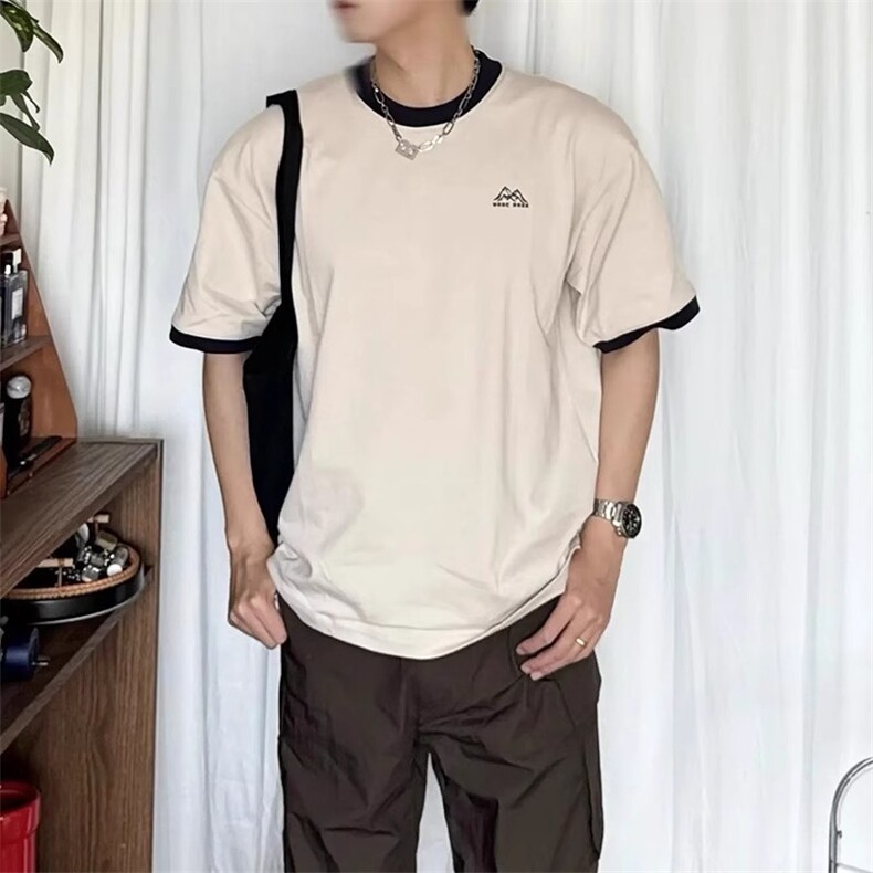 重磅圆领撞色T恤男女生夏季2025新款中性风时髦松弛感半袖上衣,男装T恤,星座506A
