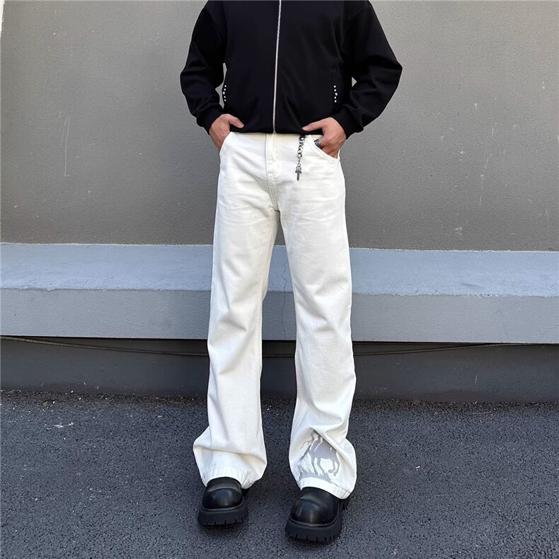 美式复古刺绣微喇牛仔裤男女宽松休闲直筒cleanfit长裤WLN711-P50图片