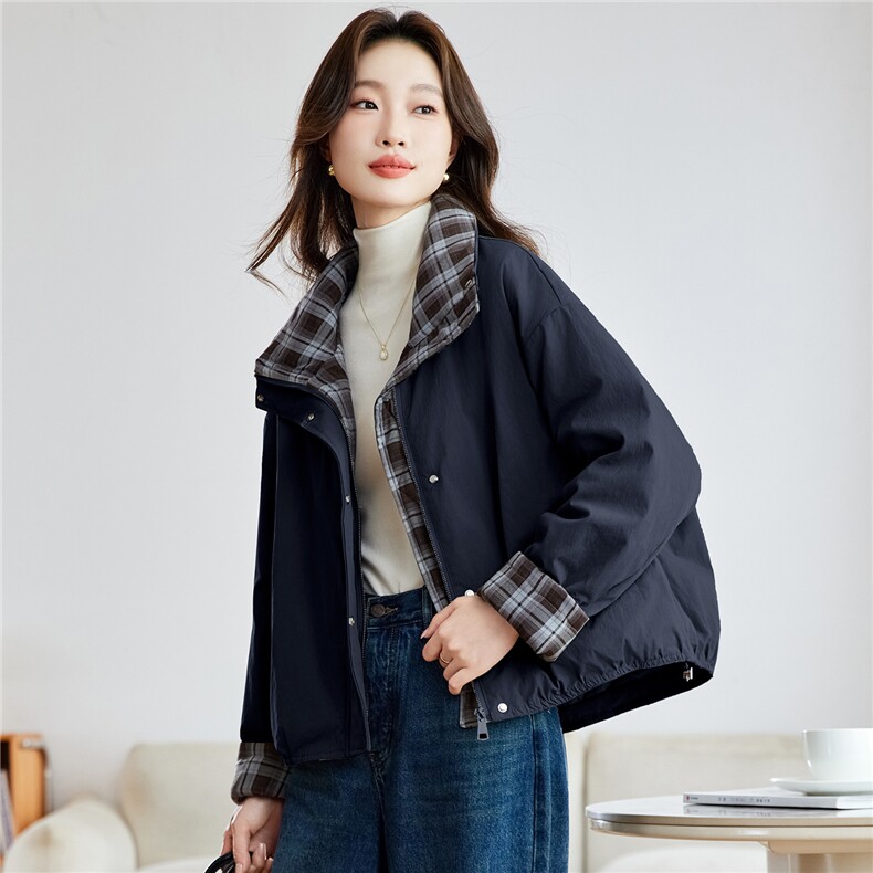 2025年冬季新款格纹拼接百搭棉衣加厚保暖,女装棉衣/棉服,忆绮罗