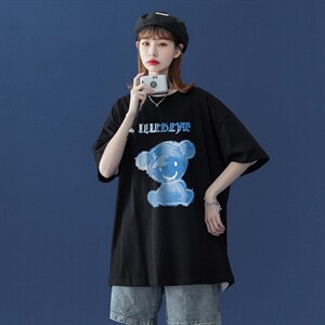 中性 2023夏季卡通小熊印花ins圆领宽松情侣短袖T恤 T55 P25控35图片