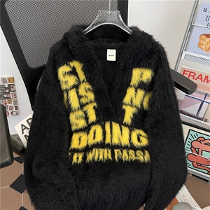 软糯慵懒风绒连帽毛衣男女秋冬季美式宽松情侣针织衫潮MZ898-P58图片